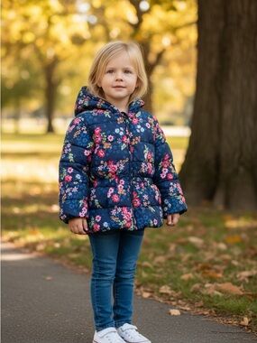 Little me Girls' Navy Floral Puffer Jacket with Hood